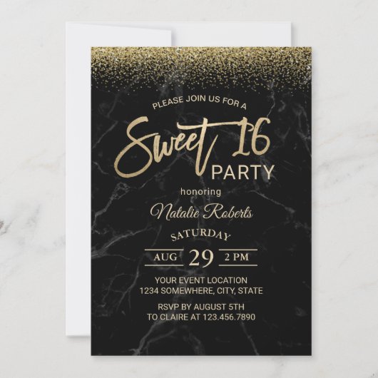 Sweet 16 Modern Gold Typography Black Marble Kaart (Voorkant)