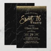 Sweet 16 Modern Gold Typography Black Marble Kaart (Voorkant / Achterkant)