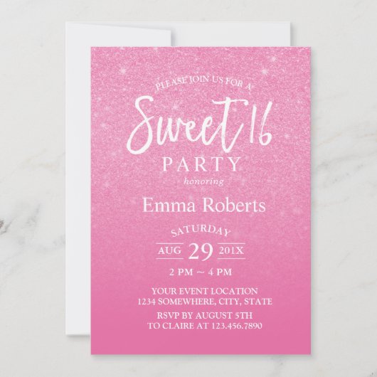 Sweet 16 Modern Hot Pink Glitter Birthday Kaart (Voorkant)