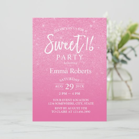 Sweet 16 Modern Hot Pink Glitter Birthday Kaart (Staand voorkant)