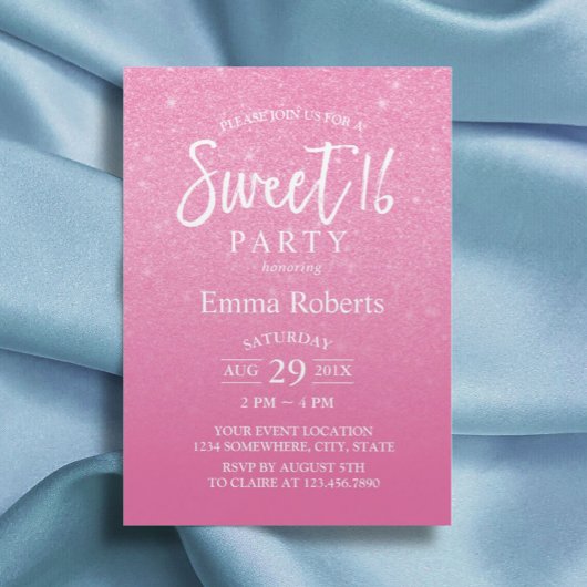 Sweet 16 Modern Hot Pink Glitter Birthday Kaart