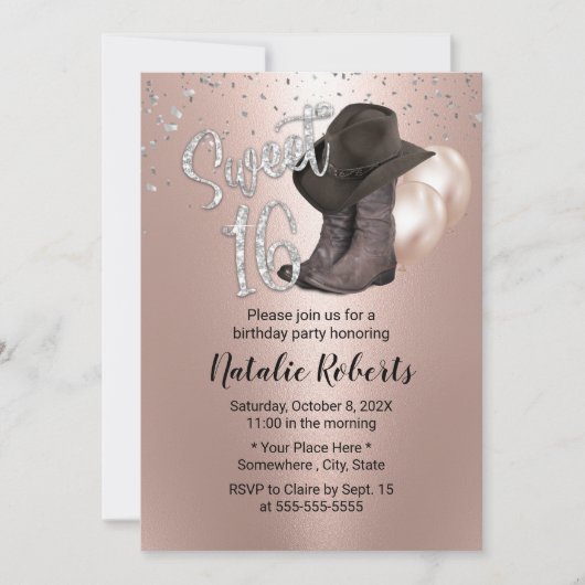 Sweet 16 Modern Roos Gold Cowgirl 16e verjaardag Kaart (Voorkant)