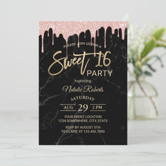 Sweet 16 Modern Roos Gold Drips Black Marble Kaart (Staand voorkant)