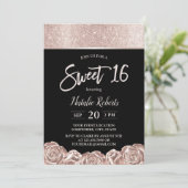 Sweet 16 Modern Roos Gold Flowers Elegant Black Kaart (Staand voorkant)
