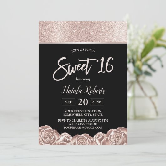 Sweet 16 Modern Roos Gold Flowers Elegant Black Kaart (Staand voorkant)
