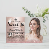 Sweet 16 Modern Roos Gouden Glitter Foto Verjaarda Kaart (Staand voorkant)