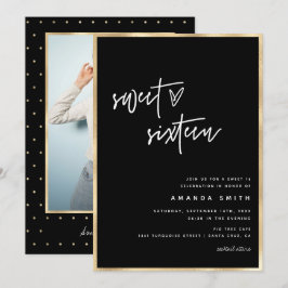 Sweet 16 Modern Script Gold Foil Black Birthday  Kaart