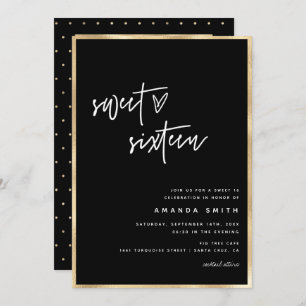 Sweet 16 Modern Script Gold Foil Black Birthday  Kaart