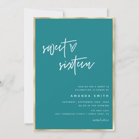 Sweet 16 Modern Script Gold Foil Blauwgroen Verjaa Kaart (Voorkant)