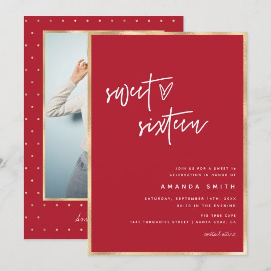 Sweet 16 Modern Script Gold Foil Red Birthday Kaart (Voorkant / Achterkant)