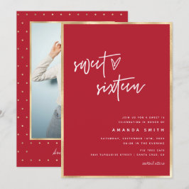 Sweet 16 Modern Script Gold Foil Red Birthday Kaart