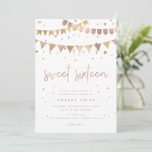 Sweet 16 Modern Script Roos Gold Foil Verjaardag Kaart (Staand voorkant)