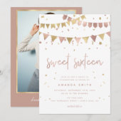 Sweet 16 Modern Script Roos Gold Foil Verjaardag Kaart (Voorkant / Achterkant)
