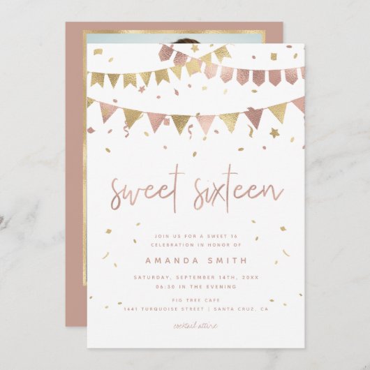 Sweet 16 Modern Script Roos Gold Foil Verjaardag Kaart (Voorkant / Achterkant)