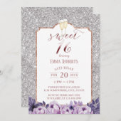 Sweet 16 Modern Silver Glitter Paarse Floral Kaart (Voorkant / Achterkant)