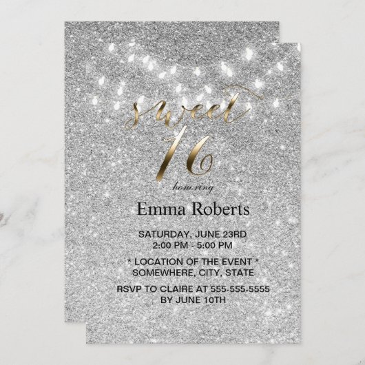 Sweet 16 Modern Silver Glitter String Lights Kaart (Voorkant / Achterkant)