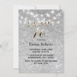 Sweet 16 Modern Silver Glitter String Lights Kaart