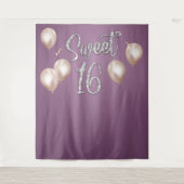 Sweet 16 Modern Silver Typography Paarse achtergro Wandkleed (Voorkant)