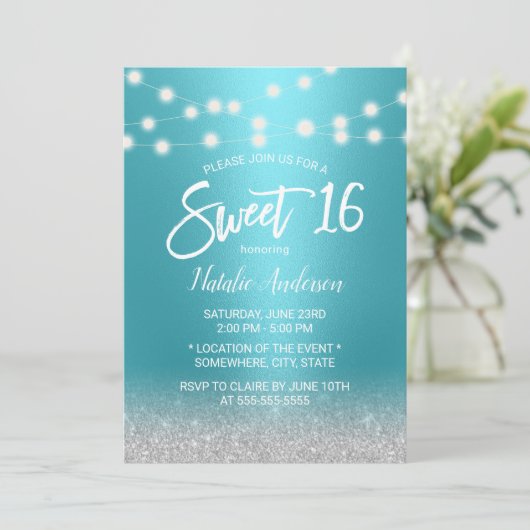 Sweet 16 Modern Turquoise & Silver Glitter Kaart (Staand voorkant)