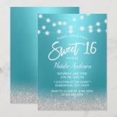 Sweet 16 Modern Turquoise & Silver Glitter Kaart (Voorkant / Achterkant)