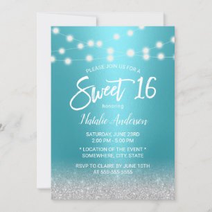 Sweet 16 Modern Turquoise & Silver Glitter Kaart