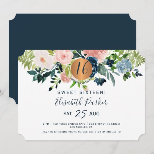 Sweet 16 moderne bloemen waterverf verjaardagsfees kaart (Voorkant / Achterkant)