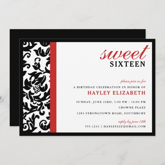 Sweet 16 Moderne Damask met Border, Red Kaart (Voorkant / Achterkant)