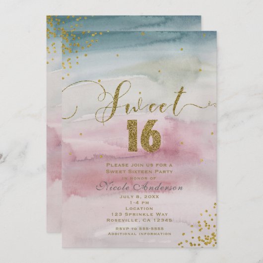 SWEET 16 Moderne Glam Waterverf Gold Confetti Kaart (Voorkant / Achterkant)