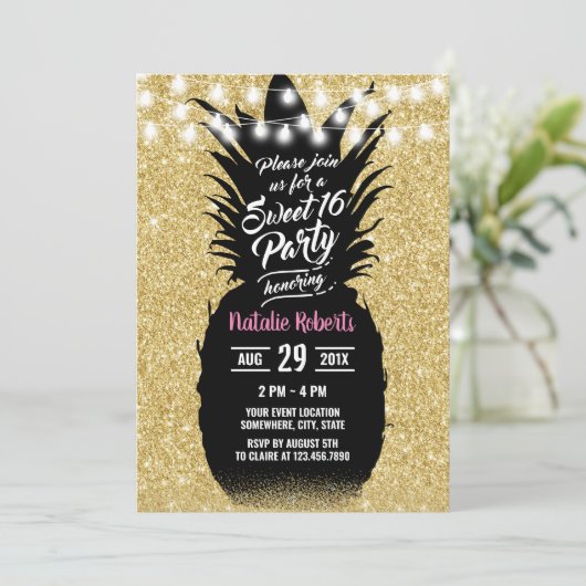Sweet 16 Moderne Glitter Pineappel Kaart (Staand voorkant)
