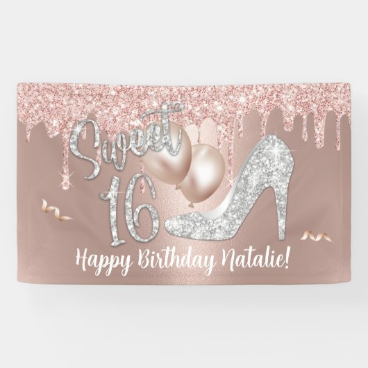 Sweet 16 Moderne Gold Drips Roos 16e verjaardag Spandoek (Horizontaal)