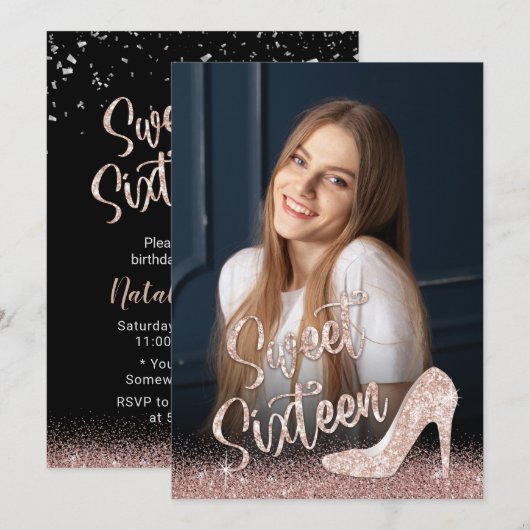 Sweet 16 Moderne Roos Gold Glitter-fotografie Kaart (Voorkant / Achterkant)