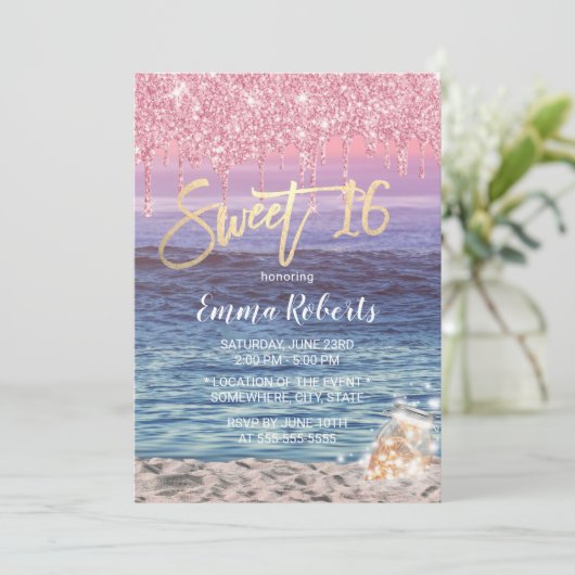 Sweet 16 Moderne roze glitter maakt tropisch stran Kaart (Staand voorkant)