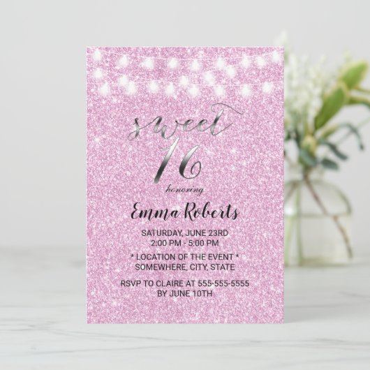 Sweet 16 Moderne roze Glitter String Lights Kaart (Staand voorkant)