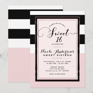 Sweet 16 moderne roze zwart & witte strepen feest kaart