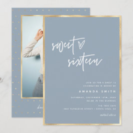 Sweet 16 Moderne Script Gold Dusty Blue Birthday  Kaart
