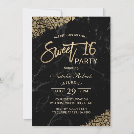 Sweet 16 Moderne zwarte marmer & Gold Typografie Kaart (Voorkant)