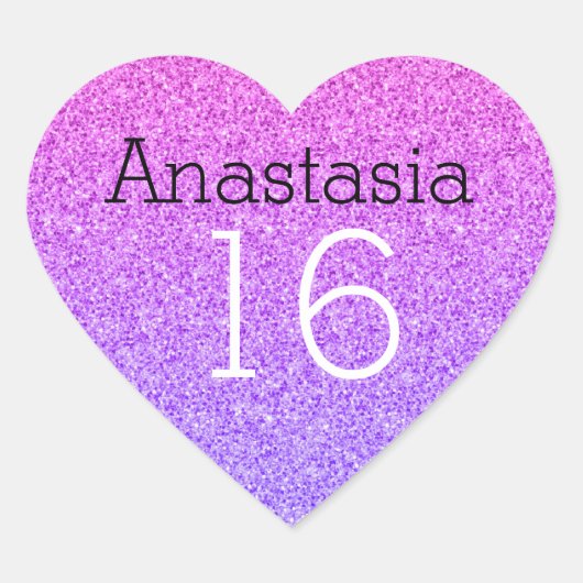 Sweet 16 Naam Age Ombre Paarse Glitter Sparkles Hart Sticker (Voorkant)