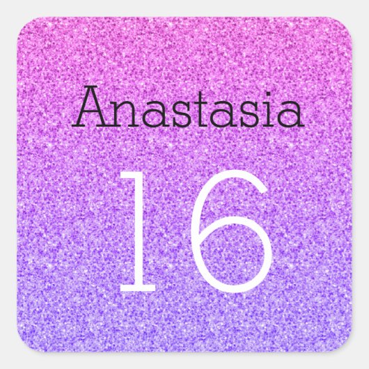 Sweet 16 Naam Age Ombre Paarse Glitter Sparkles Vierkante Sticker (Voorkant)
