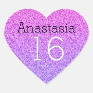 Sweet 16 Naam Leeftijd Ombre Paarse Glitters Glans Hart Sticker