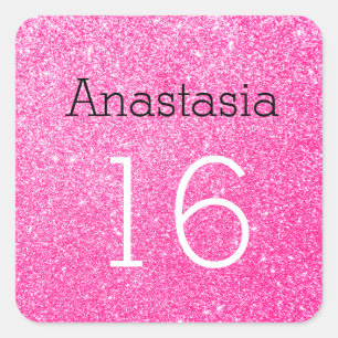 Sweet 16 Naam: Leeftijd zwart & Hot Pink Glitter S Vierkante Sticker