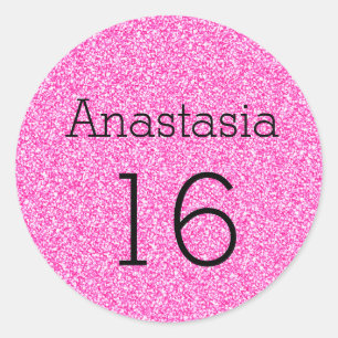 Sweet 16 Naam Leeftijd Zwart & Hot Roze Glitter Gl Ronde Sticker