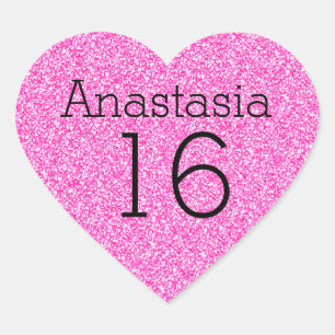 Sweet 16 Naam Leeftijd Zwart & Hot Roze Glitters G Hart Sticker