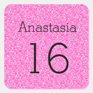 Sweet 16 Naam Leeftijd Zwart & Hot Roze Glitters S Vierkante Sticker