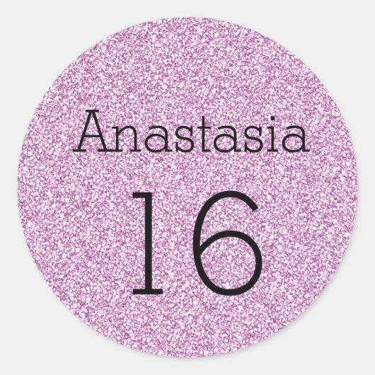 Sweet 16 Naam Leeftijd Zwart & Paarse Glitters Gla Ronde Sticker (Voorkant)
