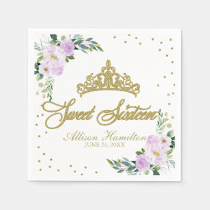 Sweet 16 Napkins Gold Tiara Lavender Floral Servet