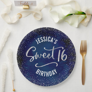 Sweet 16 Navy Blau Waterverf Zilver Cadeaupapier V Papieren Bordje