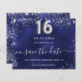 Sweet 16 navy blauw zilver glitter save date kaart (Voorkant / Achterkant)