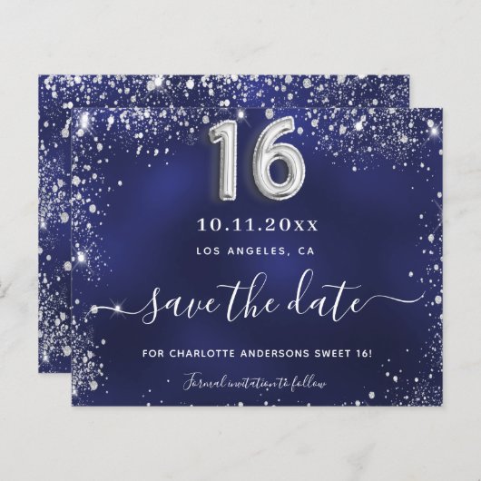 Sweet 16 navy blauw zilver glitter save date kaart (Voorkant / Achterkant)