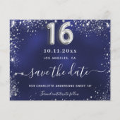 Sweet 16 navy blauw zilver glitter save date kaart (Voorkant)