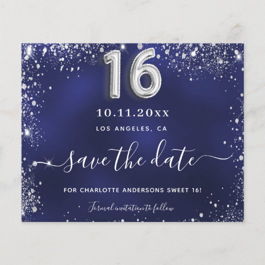 Sweet 16 navy blauw zilver glitter save date kaart (Voorkant)